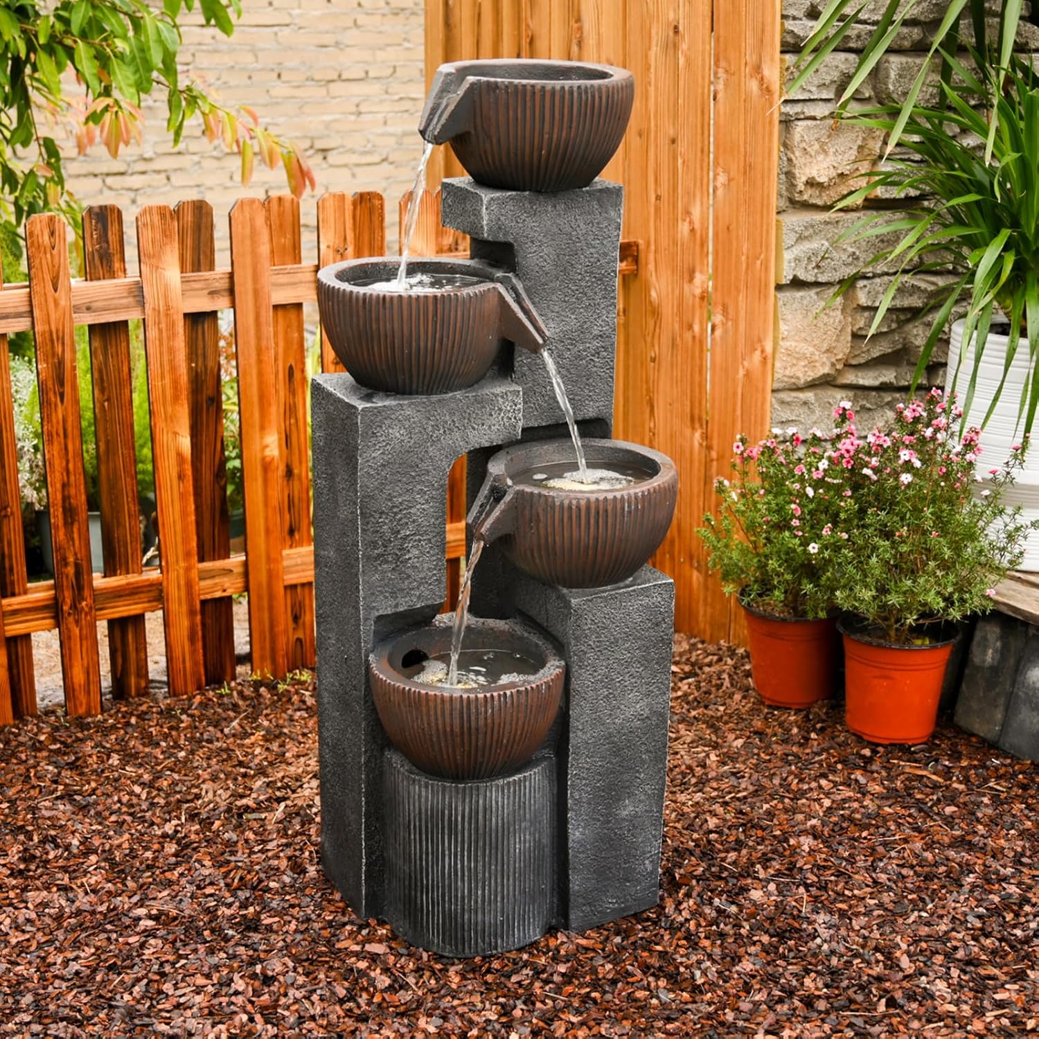 4 Tiered Cascading Outdoor Water Fountain with LED Lights 39.37''H Floor-Standing Garden Waterfall Fountains 4 Bowls Water Feature Fall for Patio Yard Porch Home Art Decor