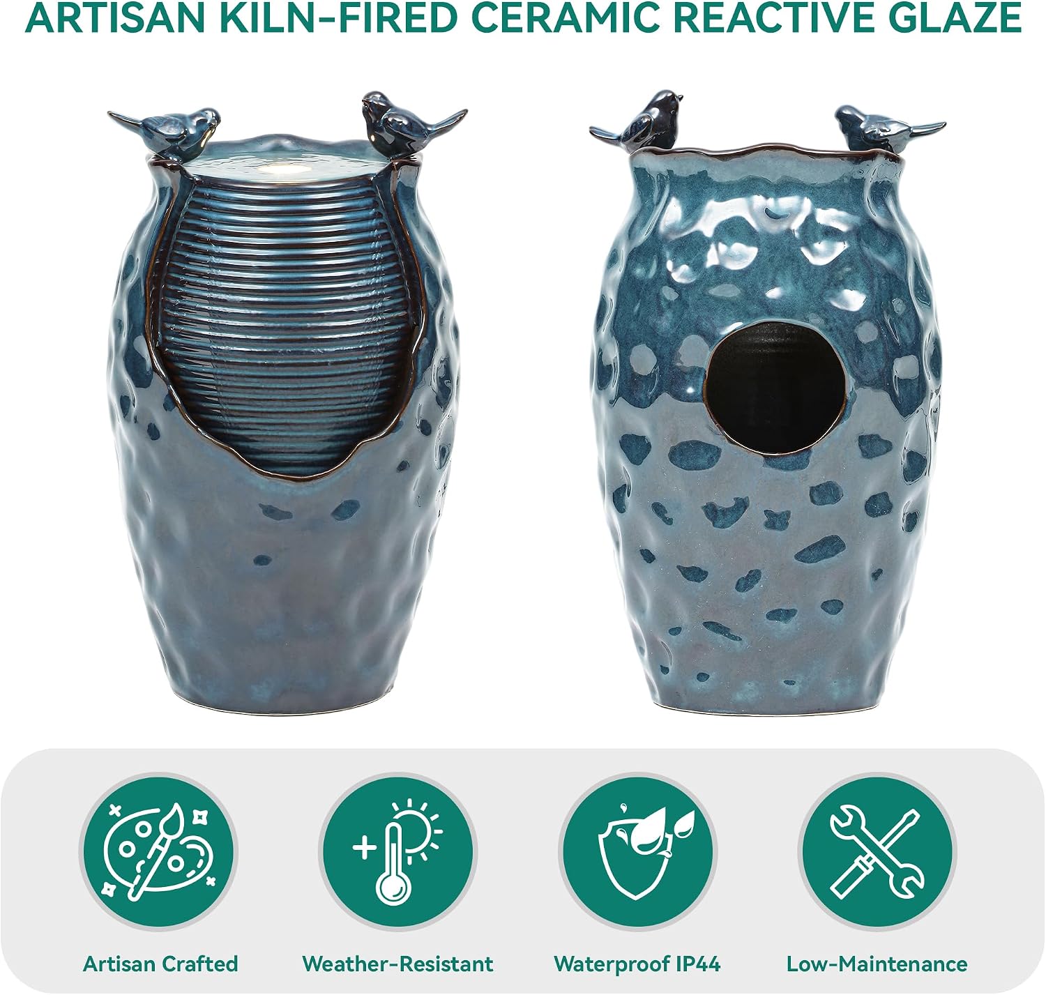 24.8' H Ceramic Jar Outdoor Water Fountain with LED Lights & Bird Accents, Elegant Turquoise Glaze with Bubble-Like Texture, Decorative Garden Water Feature
