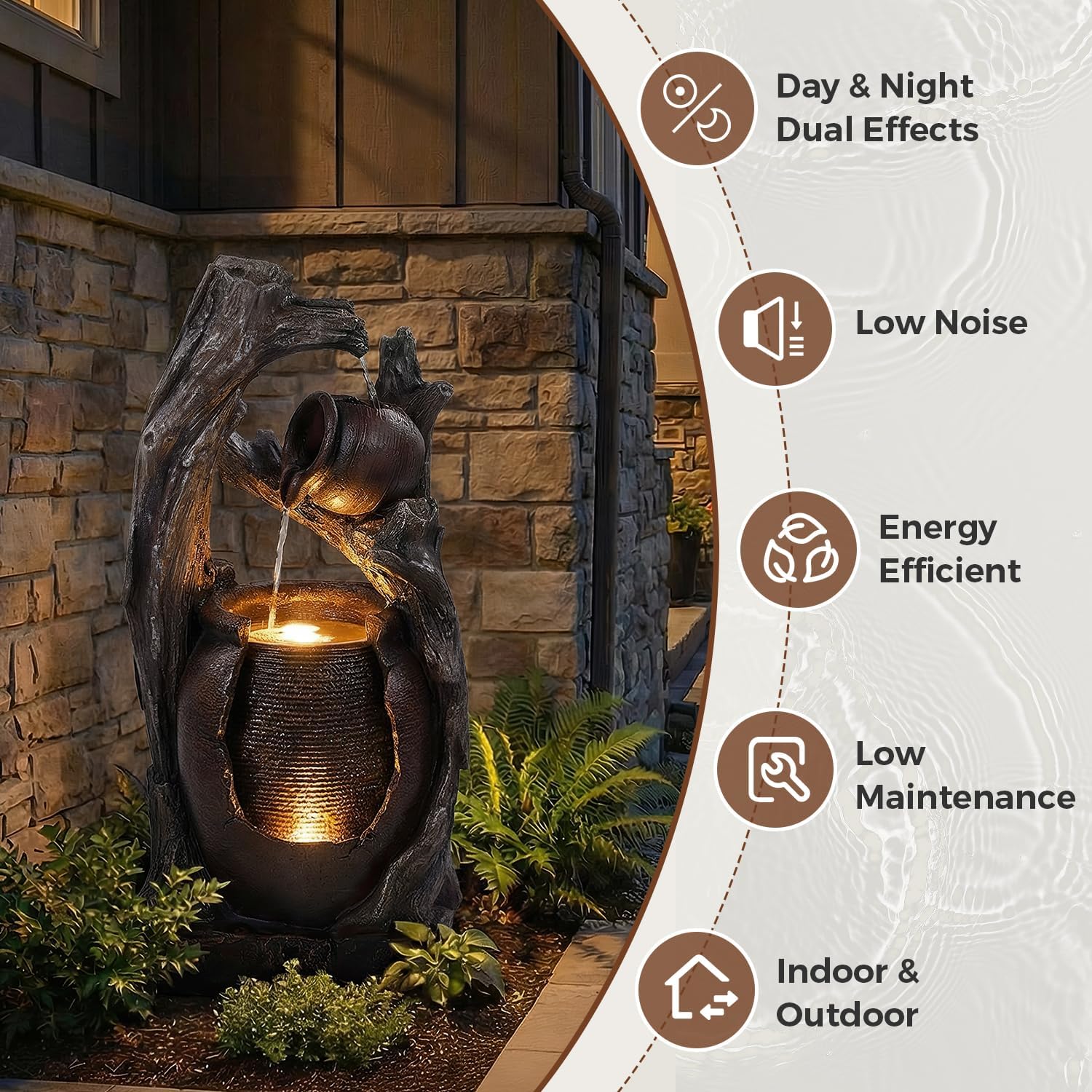 32' H Outdoor Water Fountain, Rustic 2-Tier Clay Pot Water Fountain and Waterfalls with 2 Warm LED Lights, Natural Feature Garden Fountains for Patio, Backyard, Deck, Porch, Home Decor