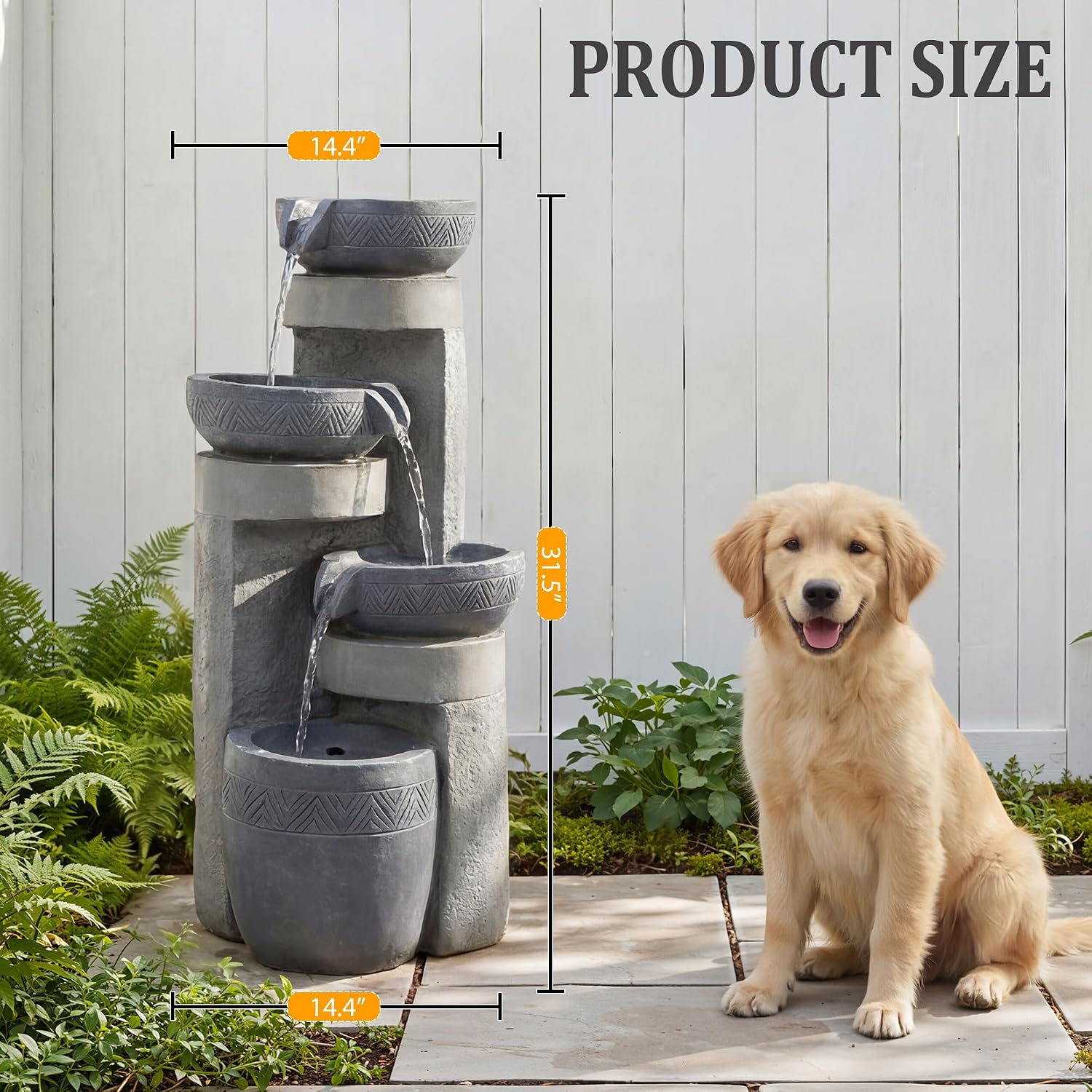 31.5' Tall Outdoor Water Fountain, 4 Tier Cascading Bowls and Stacked Water Fountain with LED Lights, for Yard Décor, Backyard, Patio and Deck (31.5'')