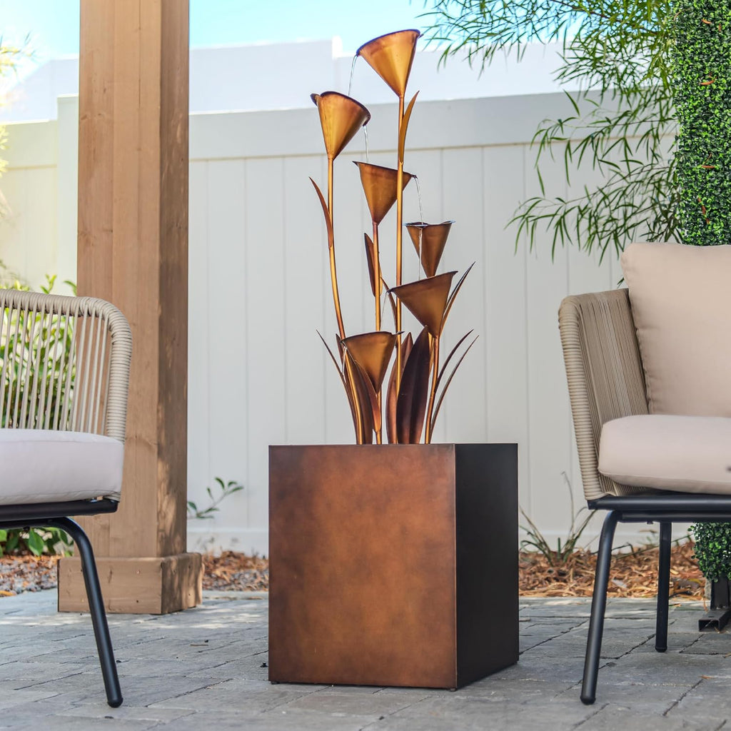 XBrand 46' Tall Bronze Metal Sculptural Flower Multi-Tier Freestanding Water Fountain for Indoor & Outdoor Use, Decorative Garden Patio Backyard Water Feature