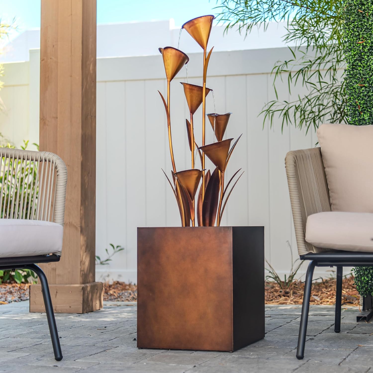 XBrand 46' Tall Bronze Metal Sculptural Flower Multi-Tier Freestanding Water Fountain for Indoor & Outdoor Use, Decorative Garden Patio Backyard Water Feature