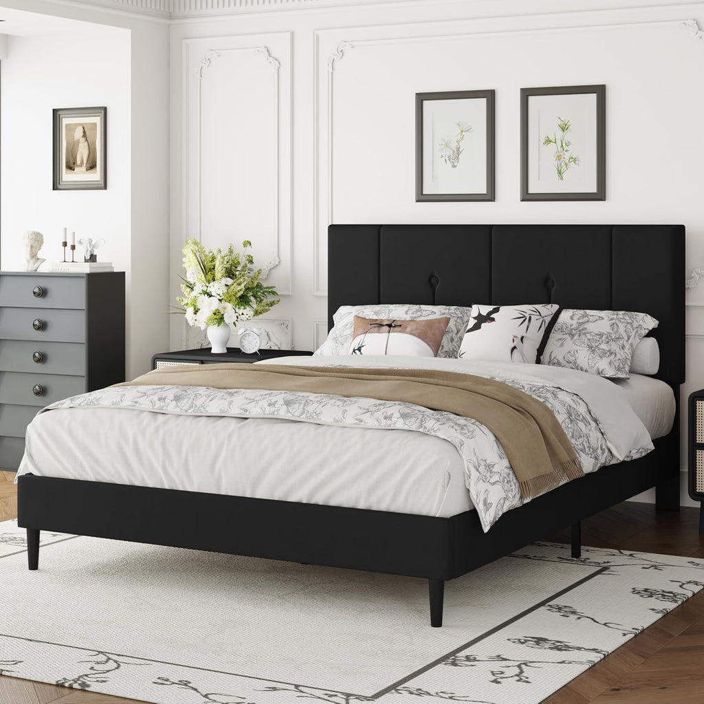 IOILORI Queen Size Bed Frame Platform with Velvet Upholstered Headboard, Sturdy Wooden Slats, No Spring Box, No Noise, Easy to Assemble, Light Grey Bedframe with Strong Wooden Slats, Black