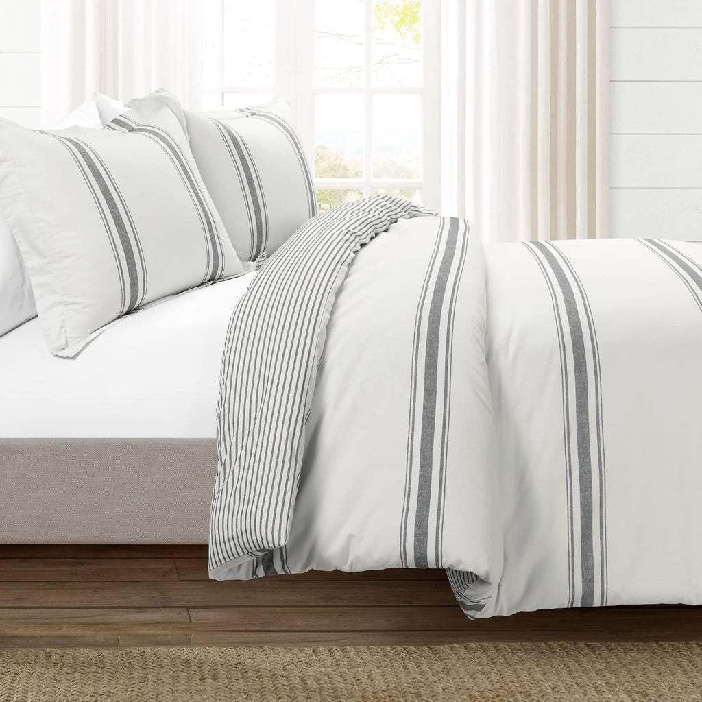 Lush Decor Farmhouse Stripe Reversible Cotton Duvet Cover Set 3 Piece Set, King Dark Gray - Bedding Set - Striped Duvet Cover King Size - Farmhouse Decor