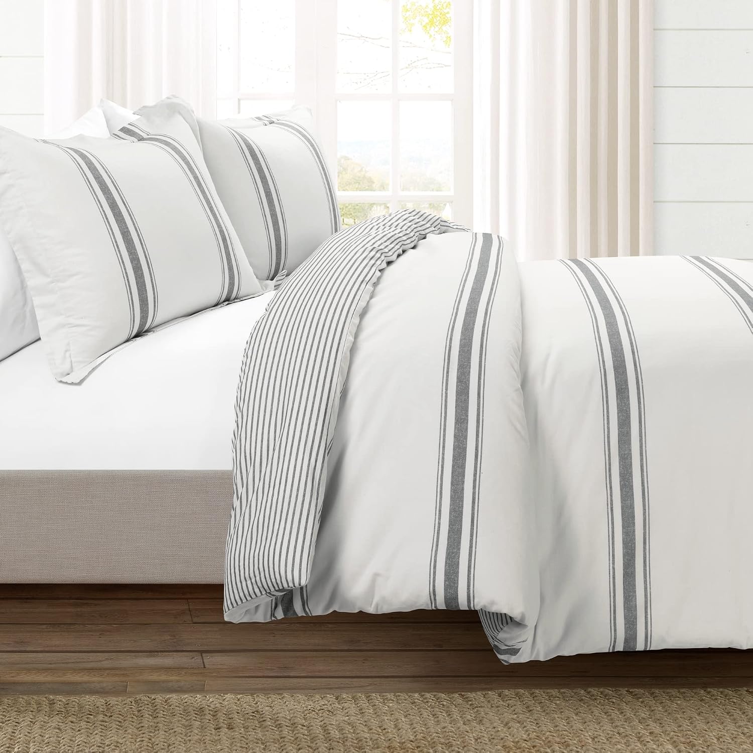 Lush Decor Farmhouse Stripe Reversible Cotton Duvet Cover Set 3 Piece Set, King Dark Gray - Bedding Set - Striped Duvet Cover King Size - Farmhouse Decor