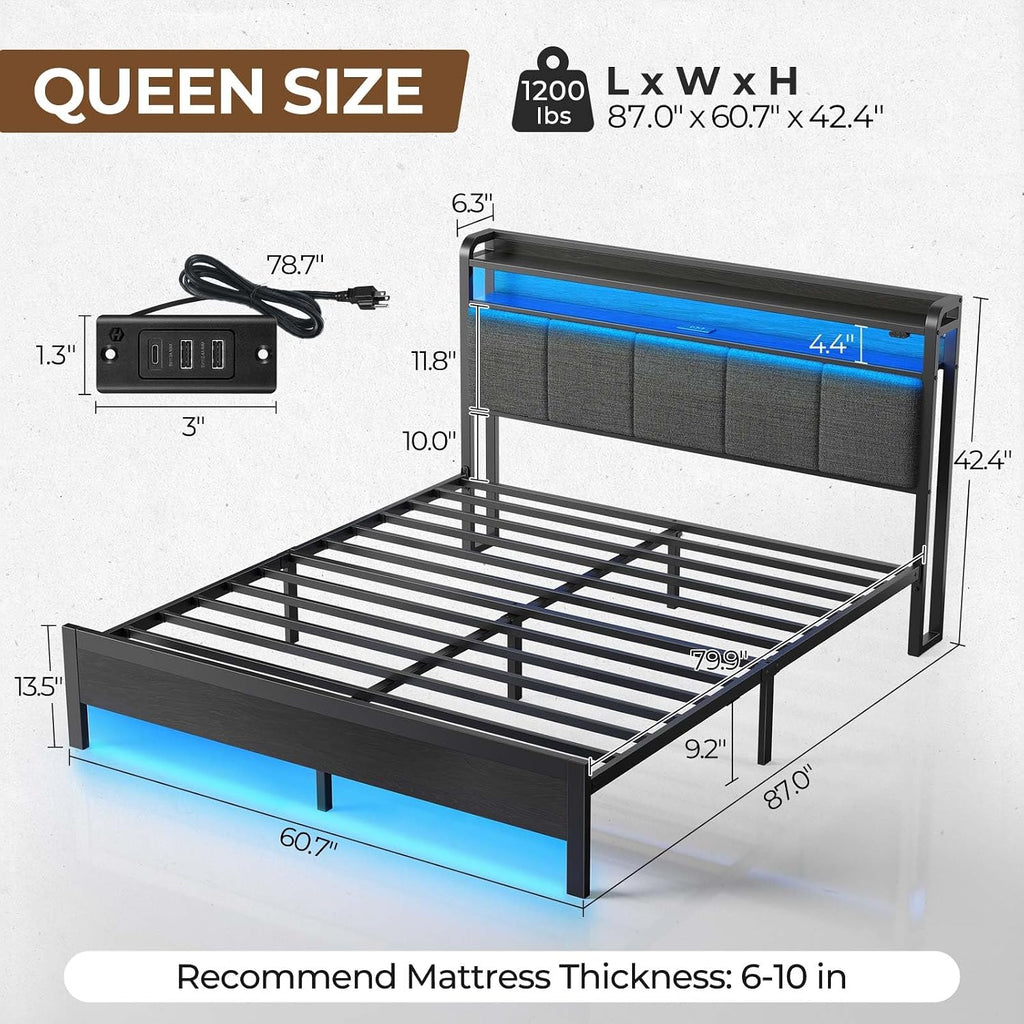 Rolanstar Queen Bed Frame with LED Lights, Upholstered Headboard, Charging Station, Storage Shelves, Heavy Duty Metal Slats, No Box Spring Needed, Noise Free, Easy Assembly, Dark Grey