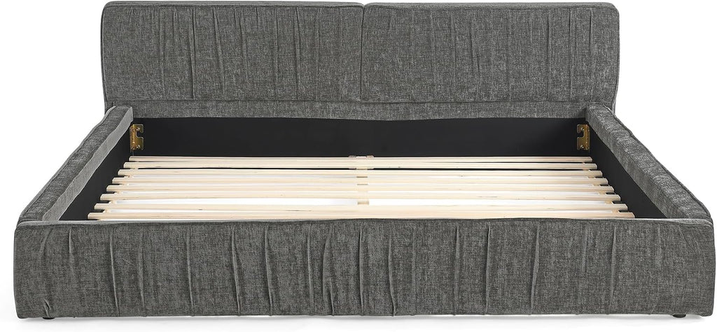Ball & Cast Queen Size Low Bed Frame,Chenille Upholstered Platform Bed with Pleated Design Headboard,Grounded Floor Bed with Wood Slat Support,No Box Spring Needed,Grey