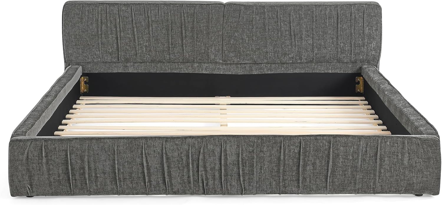 Ball & Cast Queen Size Low Bed Frame,Chenille Upholstered Platform Bed with Pleated Design Headboard,Grounded Floor Bed with Wood Slat Support,No Box Spring Needed,Grey