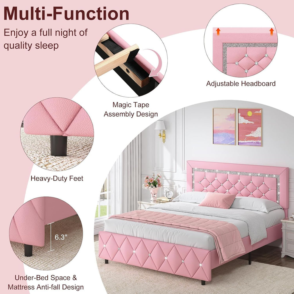 HOMBCK Full Size Bed Frame with Diamond Headboard, Faux Leather Upholstered Platform Bed, Mattress Foundation, No Box Spring Needed, Easy Assembly, Pink