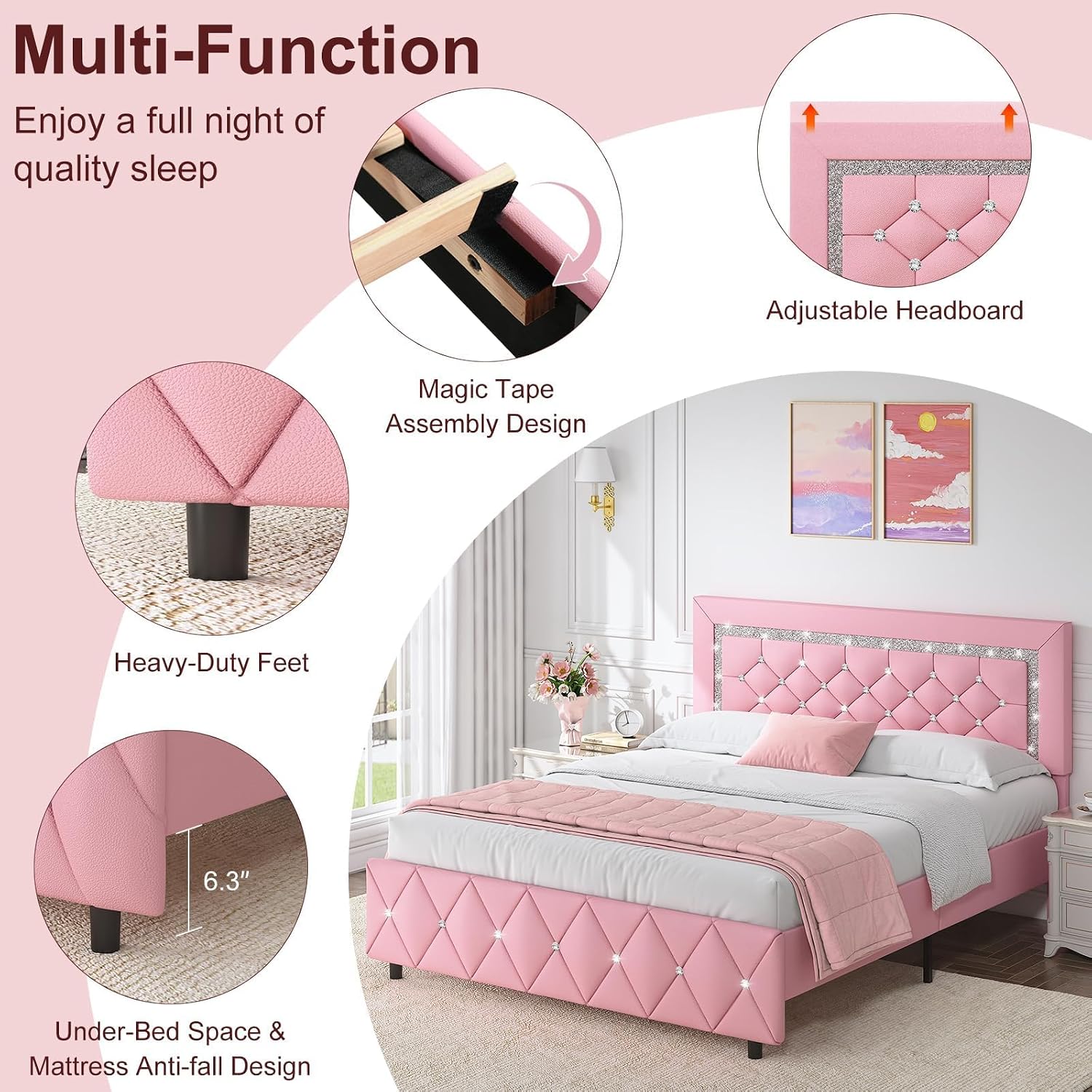 HOMBCK Full Size Bed Frame with Diamond Headboard, Faux Leather Upholstered Platform Bed, Mattress Foundation, No Box Spring Needed, Easy Assembly, Pink