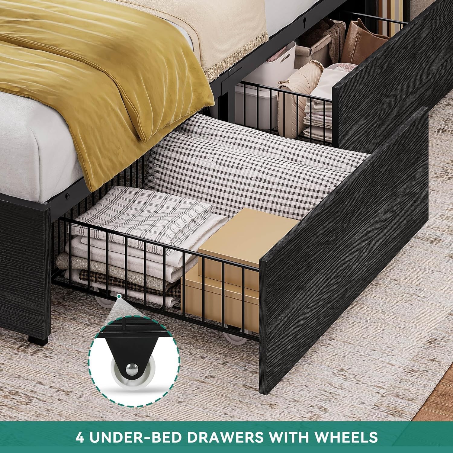DWVO Queen Size Bed Frame with Bookcase Headboard and 4 Storage Drawers, RGB LED Bed Frame with Type-C & USB Charging Station Storage Headboard Bed, No Box Spring Needed, Noise Free, Black