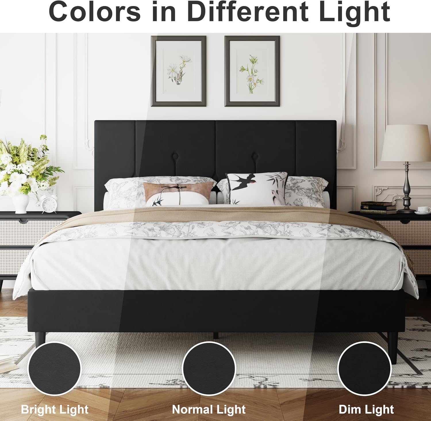 IOILORI Queen Size Bed Frame Platform with Velvet Upholstered Headboard, Sturdy Wooden Slats, No Spring Box, No Noise, Easy to Assemble, Light Grey Bedframe with Strong Wooden Slats, Black