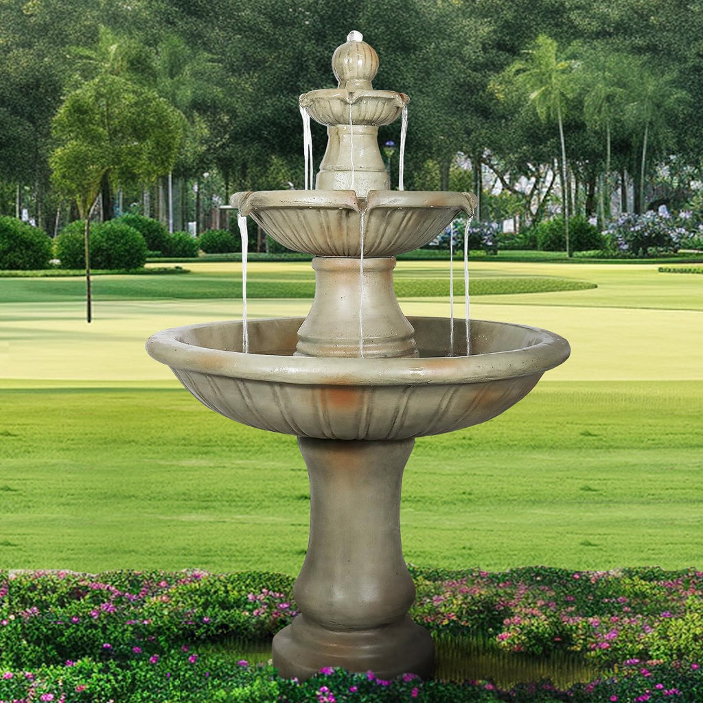 51.5' H Freestanding Outdoor Water Fountain – Stone-Look Weather-Resistant Easy Setup Classic 3-Tier Garden Feature with Electric Pump for Patios, Yards & Courtyards