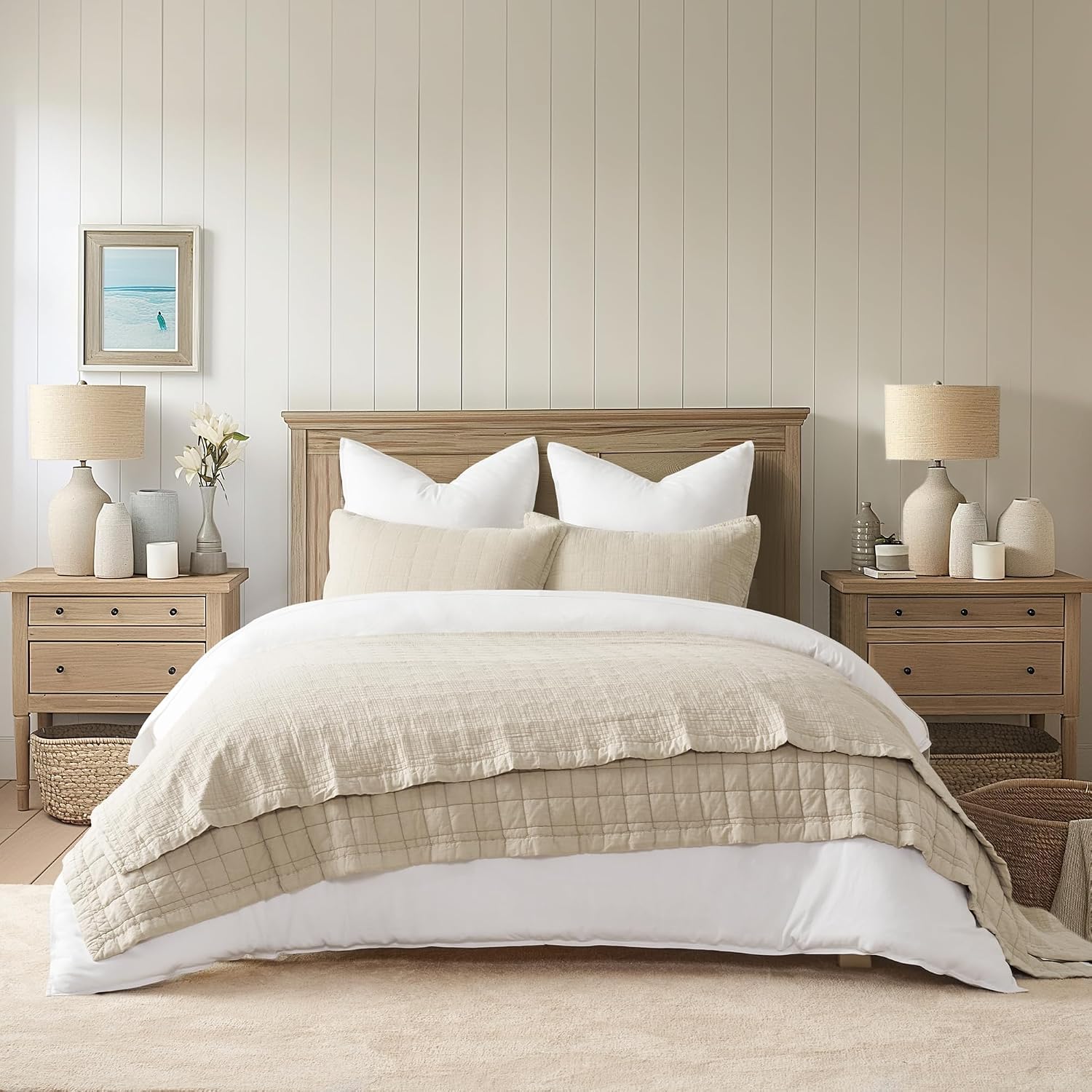 EVERGRACEHOME Stonewashed Cotton Quilt Set King Size, Ultra Soft Oversized Bedspread Coverlet Set, Lightweight Crinkle Box Stitch Bedding Sets for All Season, with 2 Shams, Flax Beige