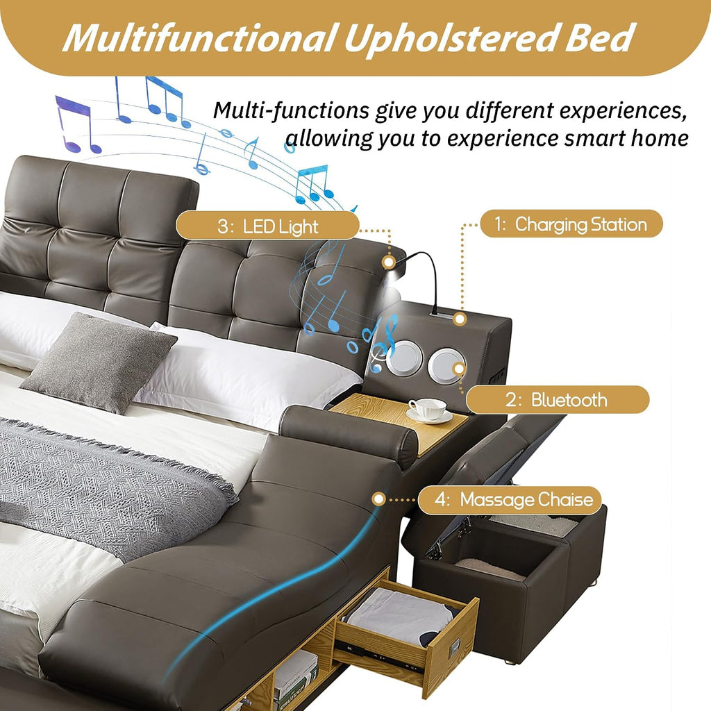 Multifunctional King Bed Frame, Gray Luxury Smart Bed Frames with Massage Chaise Lounge on Right, Modern Bed with Bluetooth Speakers & USB Charging Station for Bedroom