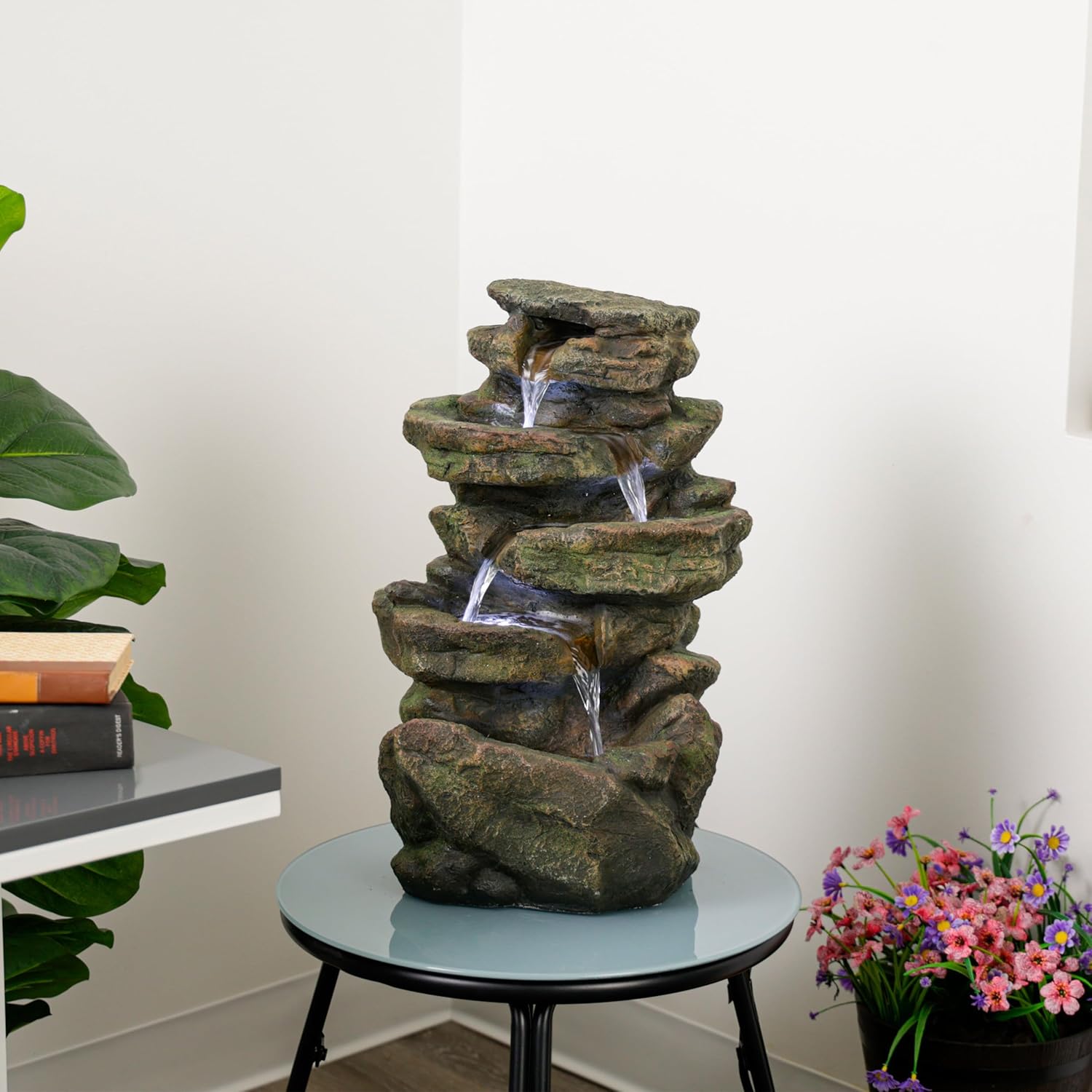 Alpine Corporation 20' H Outdoor Multi-Level Rock Floor Fountain with LED Lights, Brown
