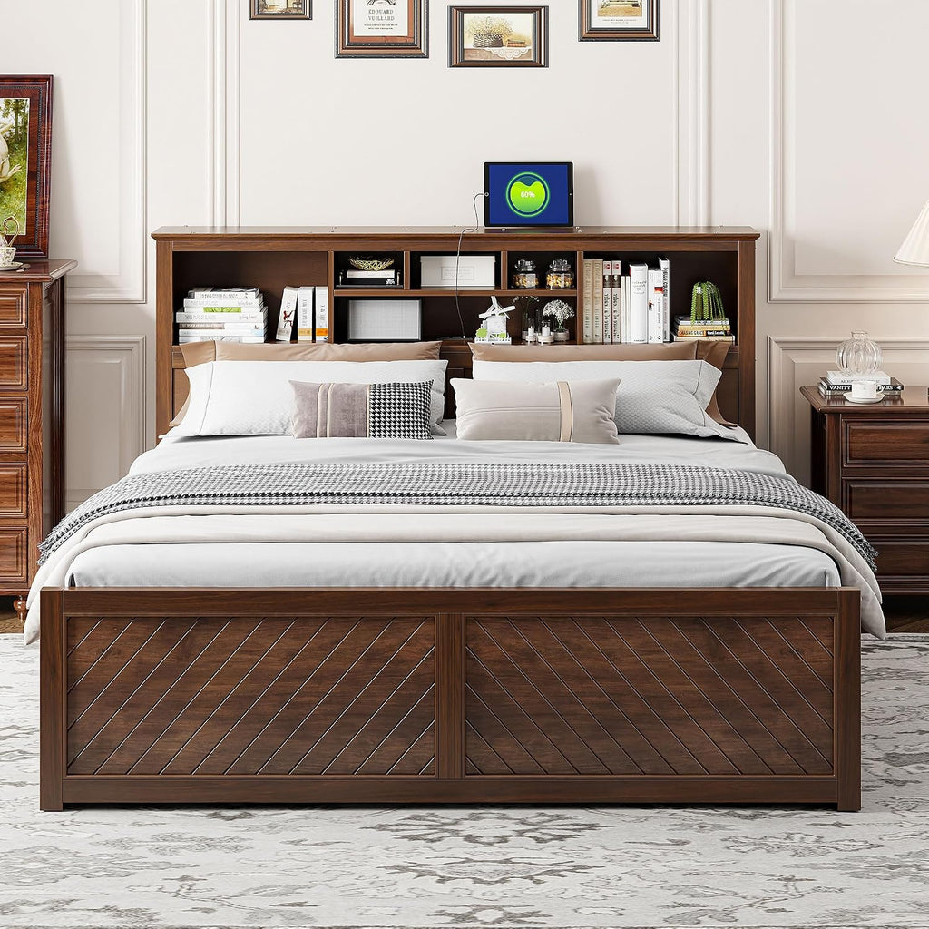 VilroCaz Wood King Size Platform Bed with Storage Headboard and USB Port, Modern Platform Bed Captain's Bed Frame with 2 Drawers, Sturdy Slats Support, Maximize Space (Antique Wood-M4)