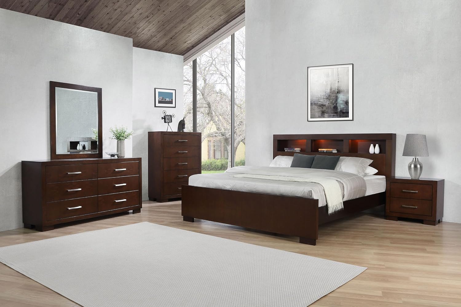 Coaster Home Furnishings Jessica Contemporary 5-Piece Bedroom Set Queen Size LED Storage Bookcase Bed Frame 47-inch Headboard Cappuccino 200719Q-S5