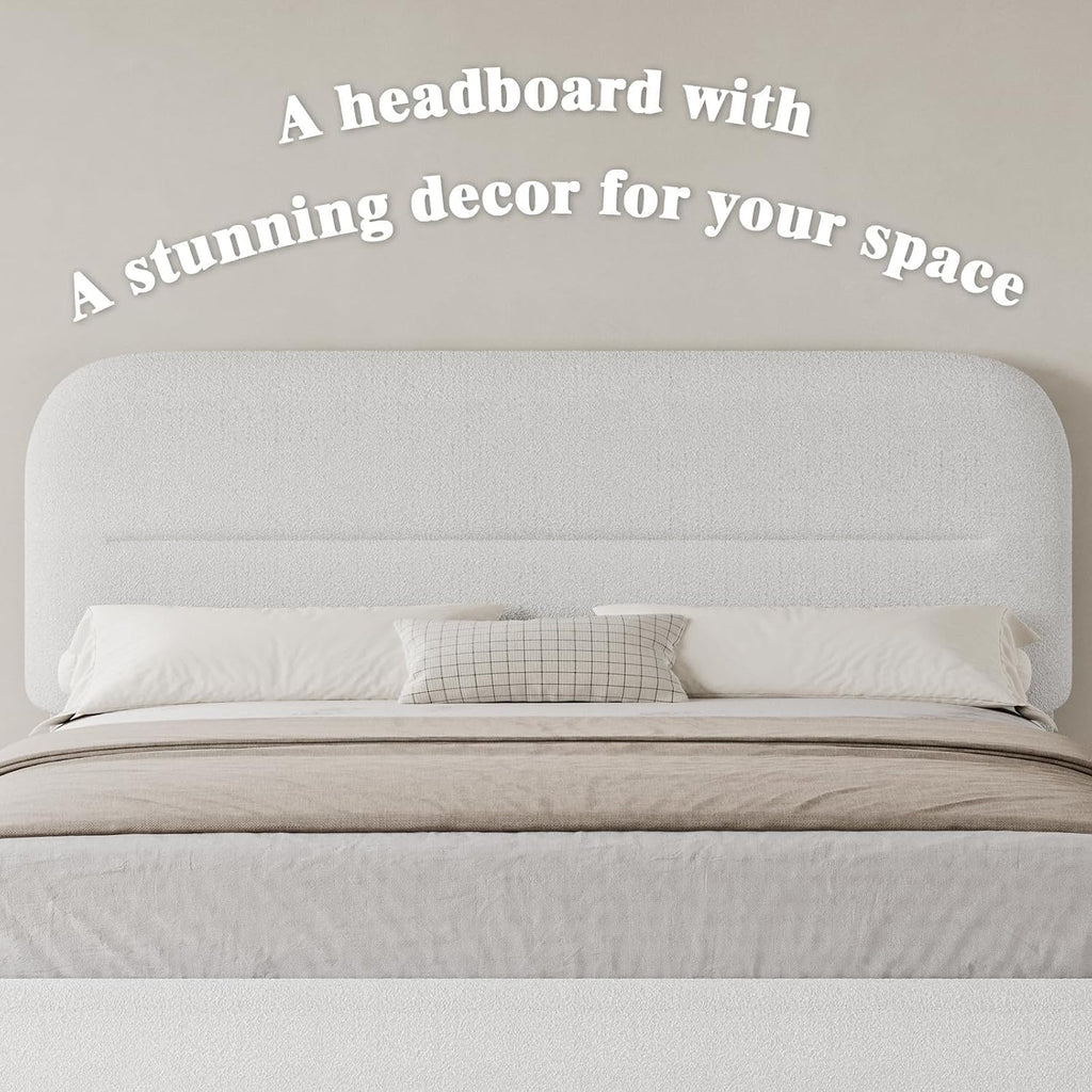 HOMBCK Queen Size Boucle Bed Frames, Upholstered Bed Frame Queen Size with Headboard, Soft Cloud Bed with Thickened Footboard, Rounded Corners, No Box Spring Needed, Easy Assembly, White