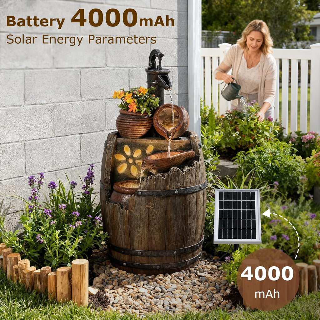 Solar Water Fountain Outdoor Rustic Pump and Barrel, 29' H Cascading Solar Powered Waterfall Fountains Outside Feature with LED Lights for Garden, Patio, Porch, Backyard Decor