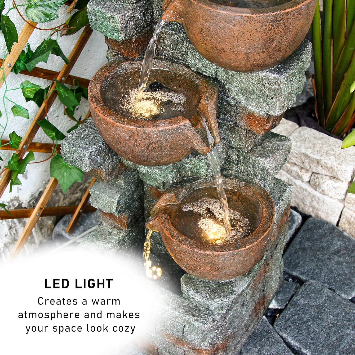 39.37''H Outdoor Water Garden Fountain 5-Tiers Cascading Bowl and Stacked Stones Waterfall Water Feature Indoor Bowl Planter Water Fountain Decor with LED Lights for Garden Patio Porch Backyard