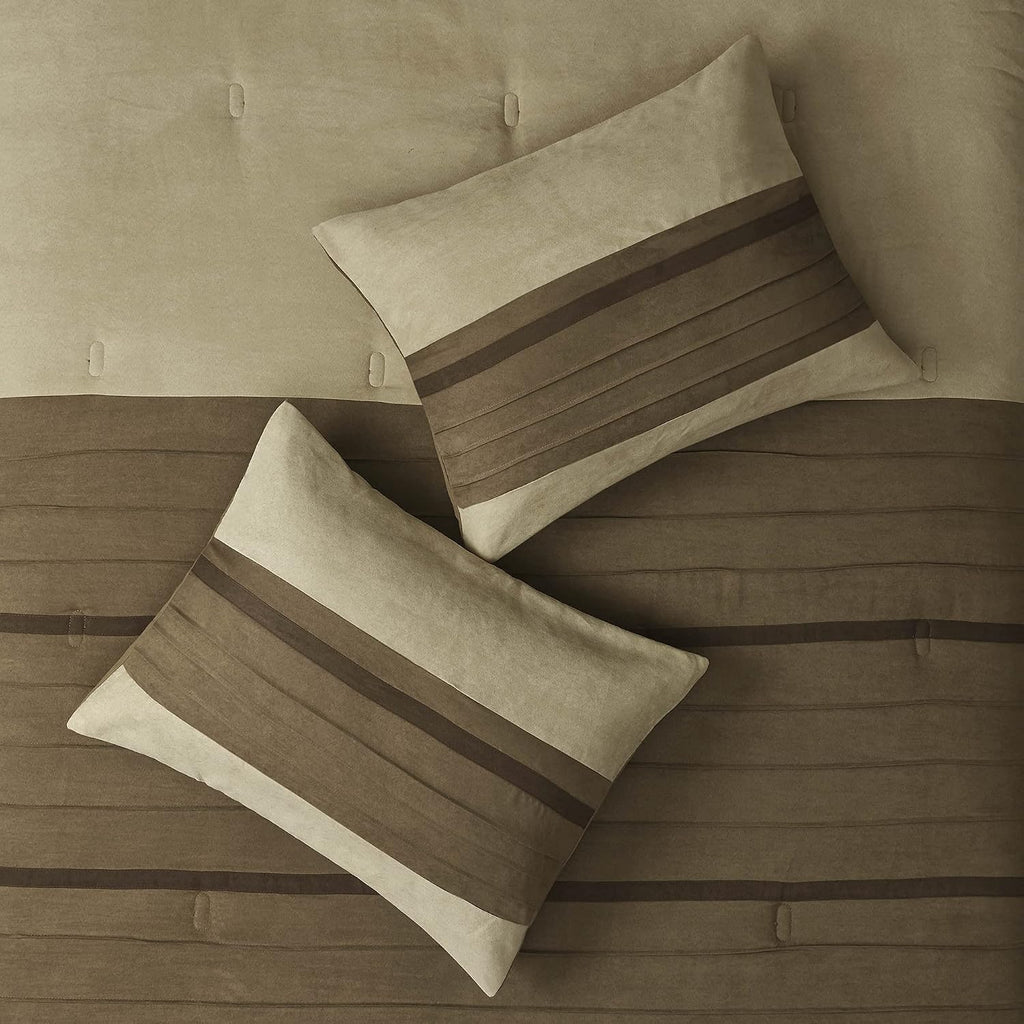 Madison Park Cozy Comforter Set-Luxury Faux Suede Design, Striped Accent, All Season Down Alternative Bedding, Matching Shams, Decorative Pillow, Natural, California King (104 in x 92 in)