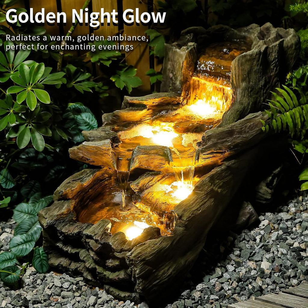 Sunlinua 34.5' L Garden Outdoor Water Fountain, Floor Standing Wood Imitation Resin Natural Waterfall Fountains with LED Lights for Patio, Porch, Home Art Decor
