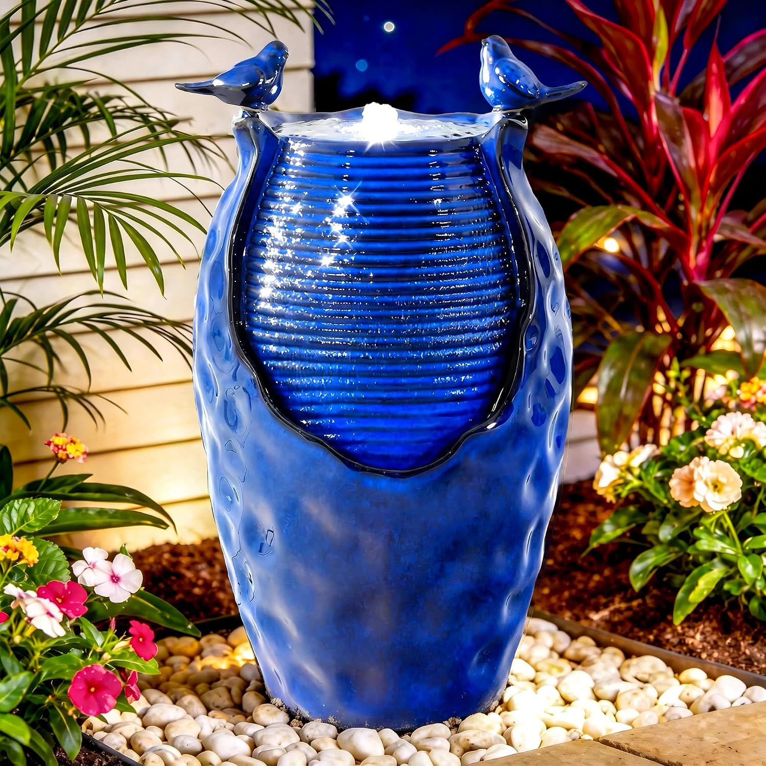 23.5' H Ceramic Jar Outdoor Fountain, Honeycomb Pot Water Feature with LED Lights, Soothing Trickling Waterfall for Garden, Patio, Yard Oasis, KD Vivid Bird Accents, Cobalt Blue Glaze,