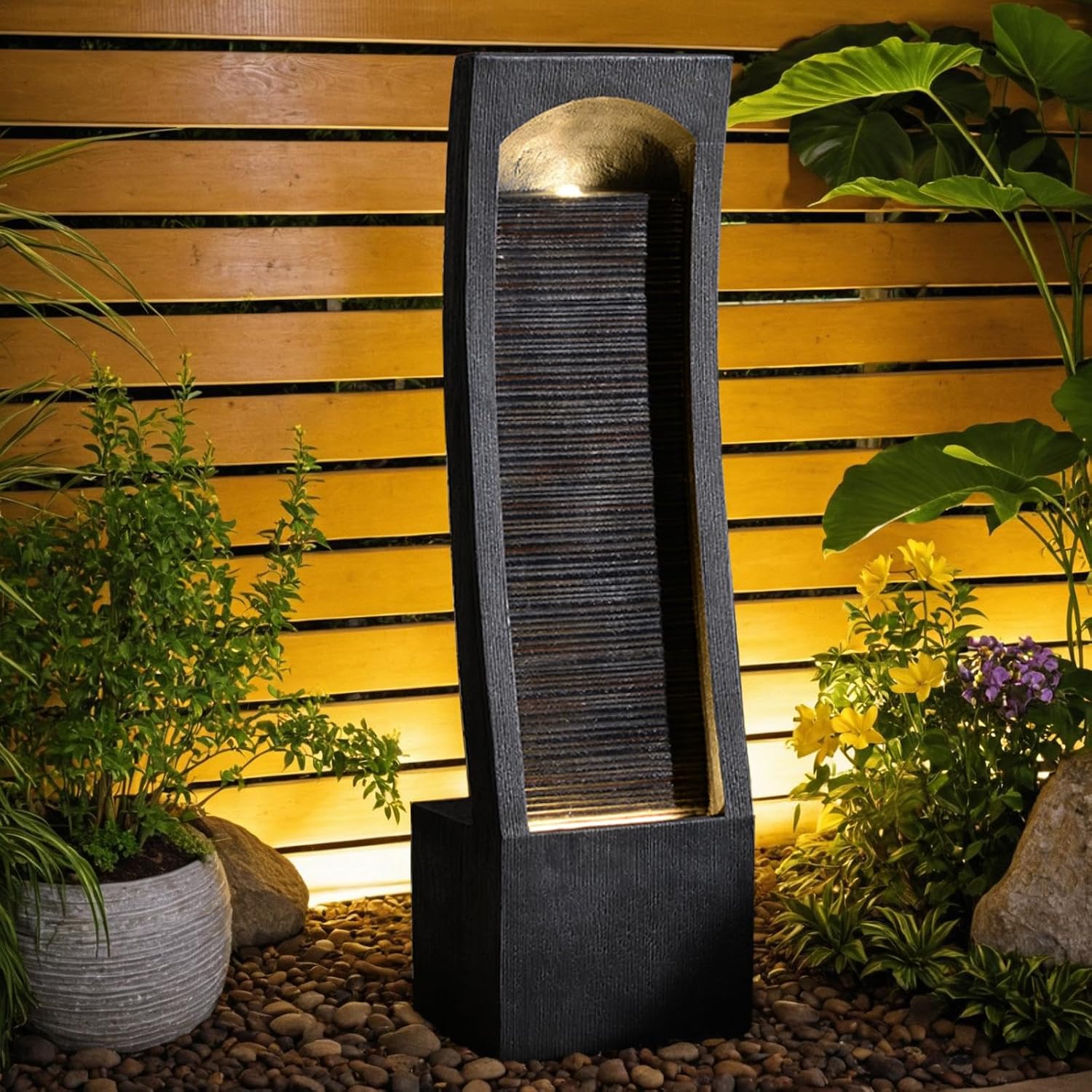 42.3' H Water Feature Outdoor Faux Slate Contemporary Waterfall Fountain Indoor for Garden, Backyard, Deck, Porch and Home Art Decor Large Outdoor Fountain with Lights