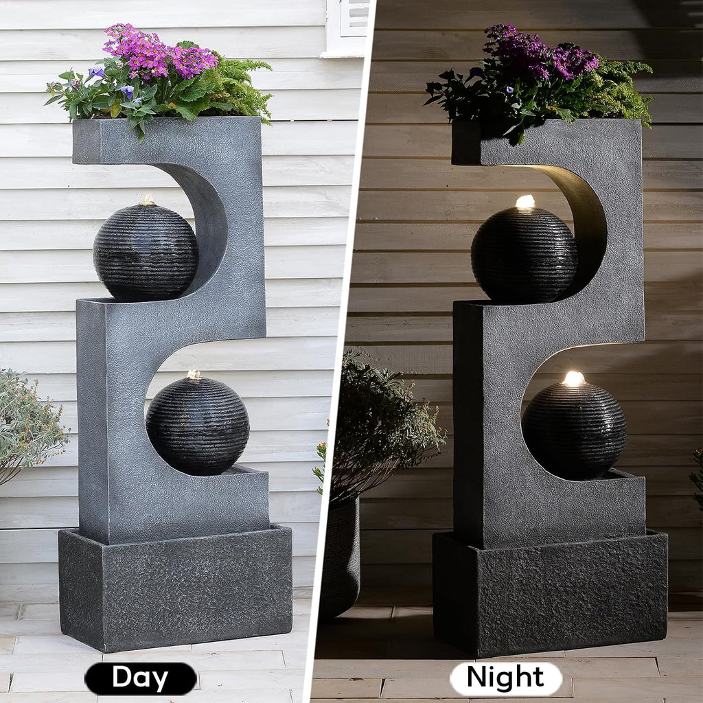46''Tall Outdoor Water Fountain Water Garden Zen Fountains Indoor with Led Lights,Modern Sphere Curve for Garden Patio Yard Deck Home Decor Lawn Porch House