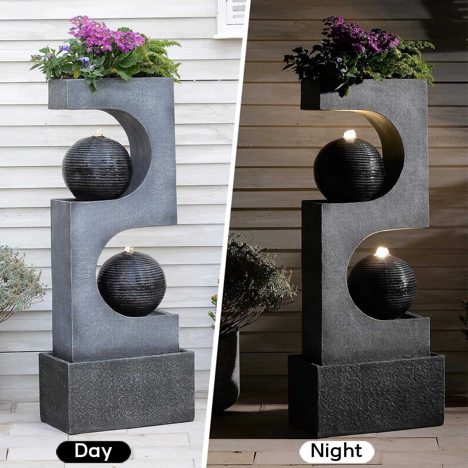 46''Tall Outdoor Water Fountain Water Garden Zen Fountains Indoor with Led Lights,Modern Sphere Curve for Garden Patio Yard Deck Home Decor Lawn Porch House