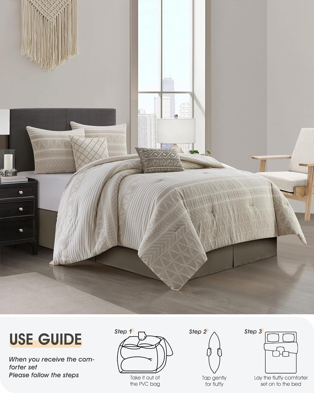 LANCO MODERN LIFESTYLE Cotton Comforter Set Queen, Gorgeous Geometric Jacquard, Beige Soft Lightweight Bedding Set for All Seasons, Bedskirt, Pillow Shams and Decor Pillows