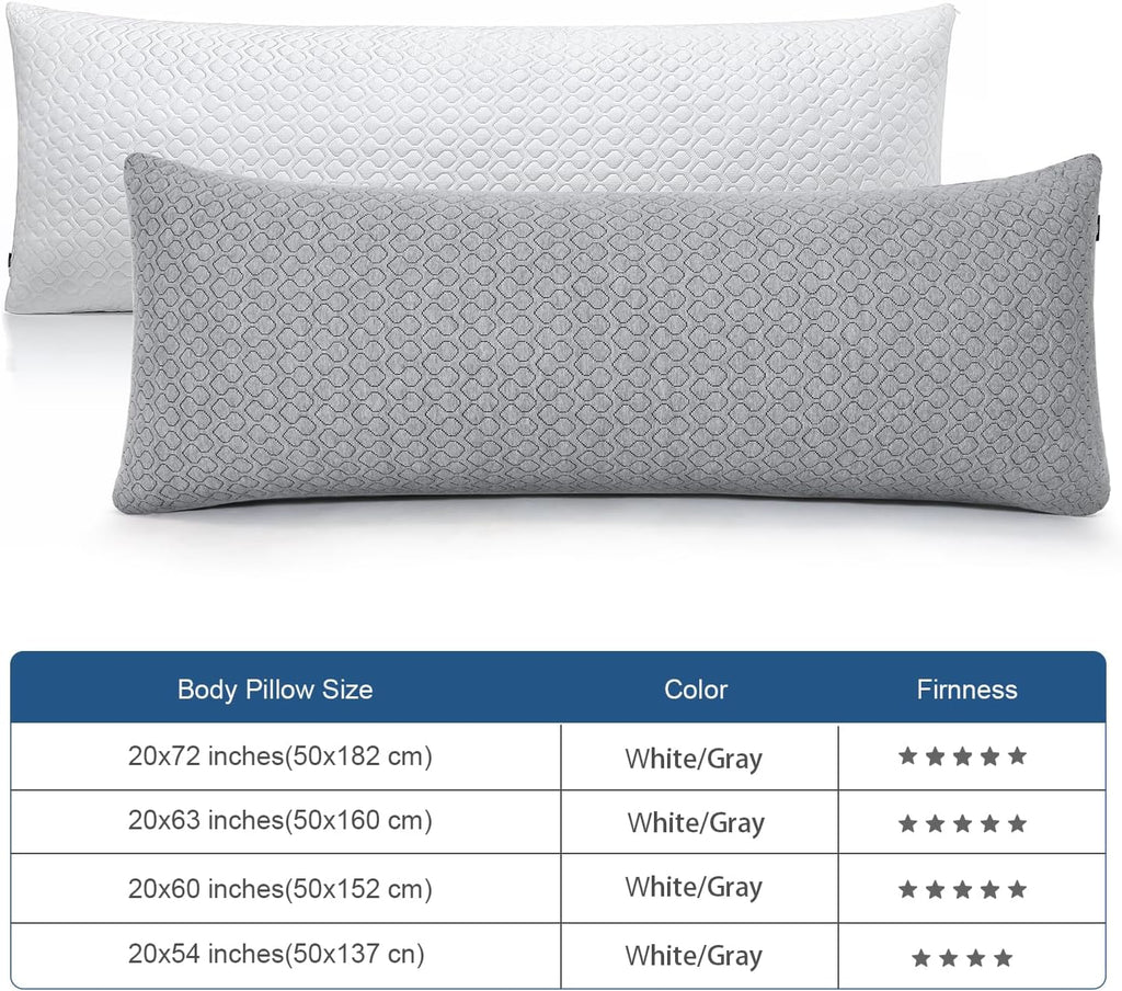 Rainmr Extra Long Body Pillow Memory Foam 180x50cm – Firm King Size Body Pillows for Adults – with Gray Cooling Cover 20 x 70 inches