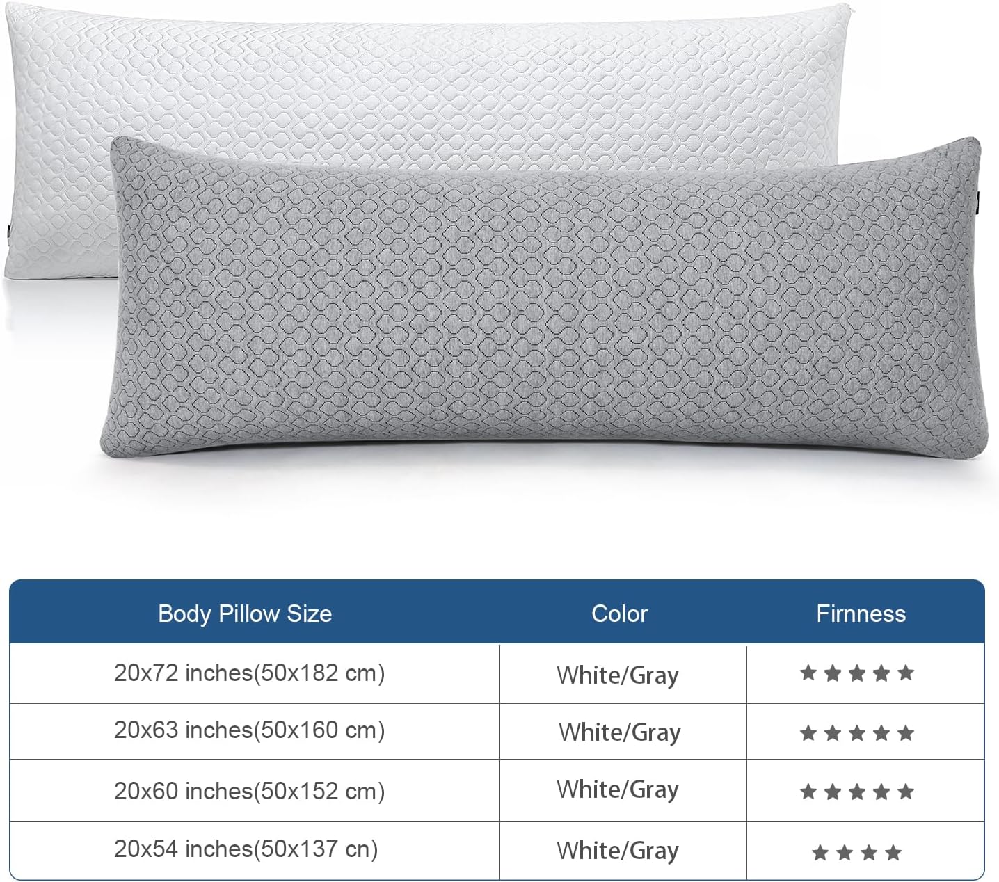Rainmr Extra Long Body Pillow Memory Foam 180x50cm – Firm King Size Body Pillows for Adults – with Gray Cooling Cover 20 x 70 inches