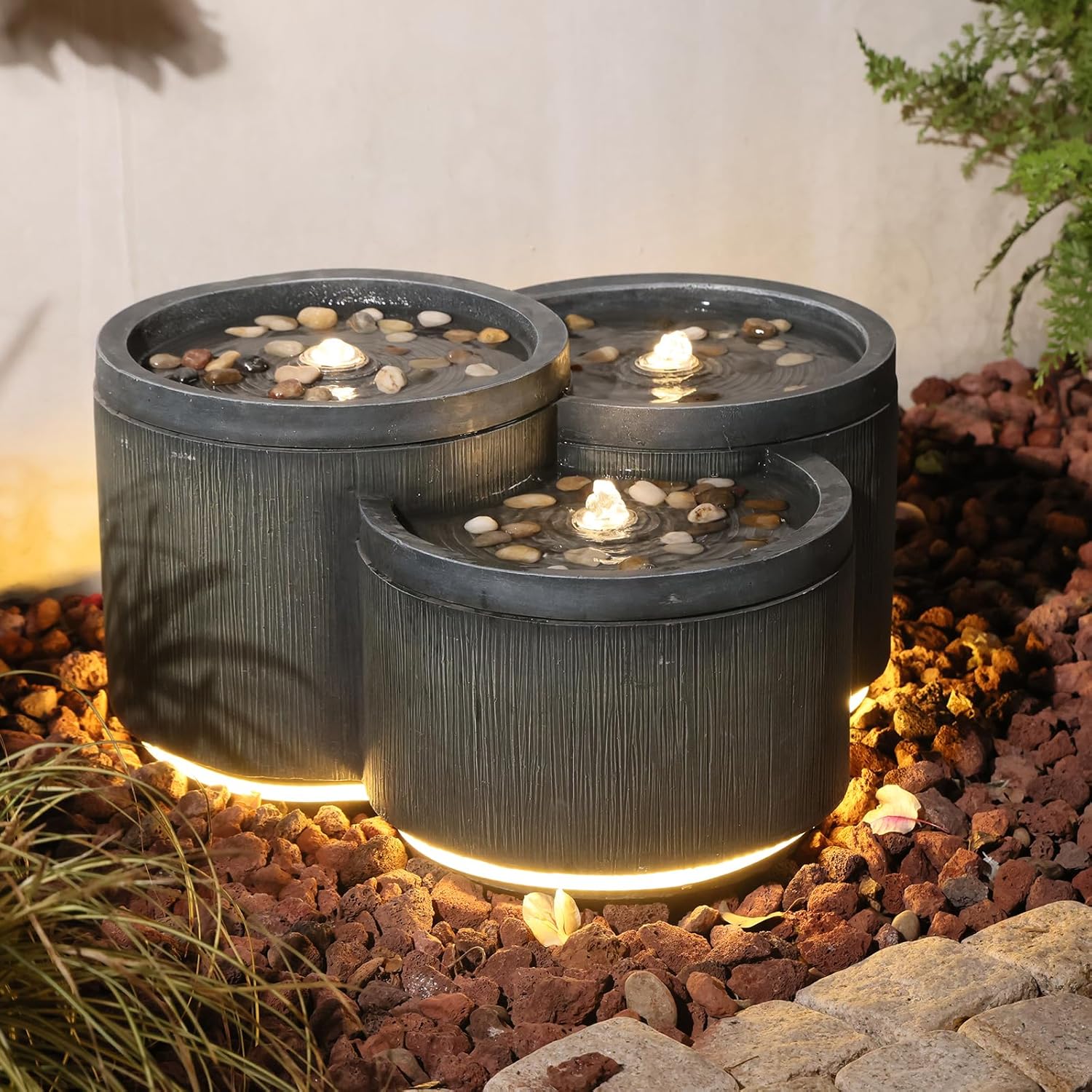 Sunlinua Small Modern Outdoor Water Fountain with 3 Led Lights Tiered Cascading Waterfall Feature with Quiet Pump Floor Water Fountain for Patio Garden Backyard Home and Indoor Décor Black Gray