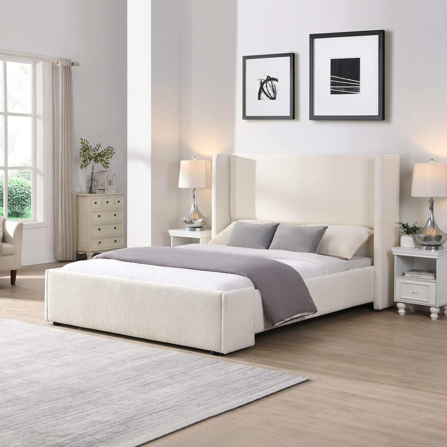 Merax Queen Size Bed Frame, Elegant White Upholstered Platform Bed with 41.1' Tall Wingback Headboard for Bedroom, Solid Wood Slats Support, No Box Spring Needed, Easy Assembly