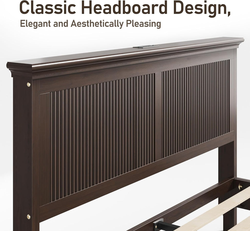Lifezone King Bed Frame with Headboard, Solid Wood Bed Frame King Size with Charging Station & RGB LED, Wood Slats Support, Noise-Free, Sturdy Structure, Easy Assembly, Walnut