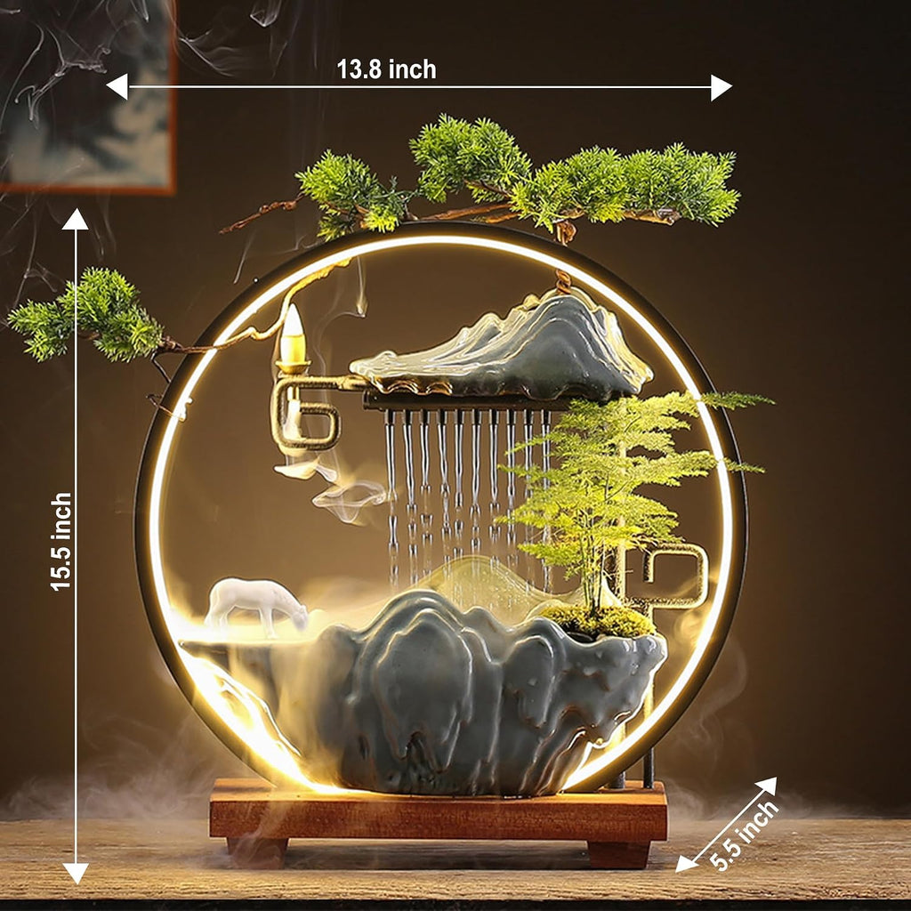 Horse Tabletop Fountain Indoor Waterfall Fountain Office Tabletop Water Fountain with Lights Backflow Incense Burner Ceramic Fountain Indoor Zen Decor for Home Office Yoga Meditation (Horse)