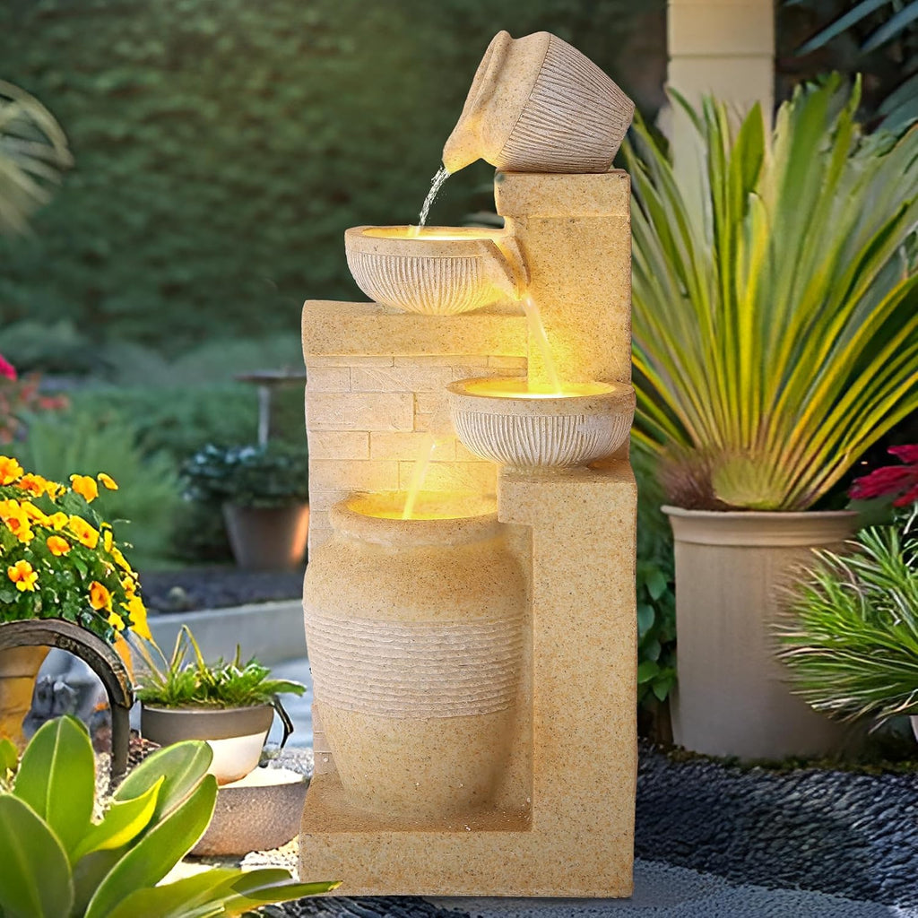 4-Tier Outdoor Indoor Water Feature Fountain, 32' H Indoor Cascading Waterfall with 3 LED Lights, Floor Standing Garden Fountain for Garden, Deck, Backyard, Patio, Yard (Yellow)