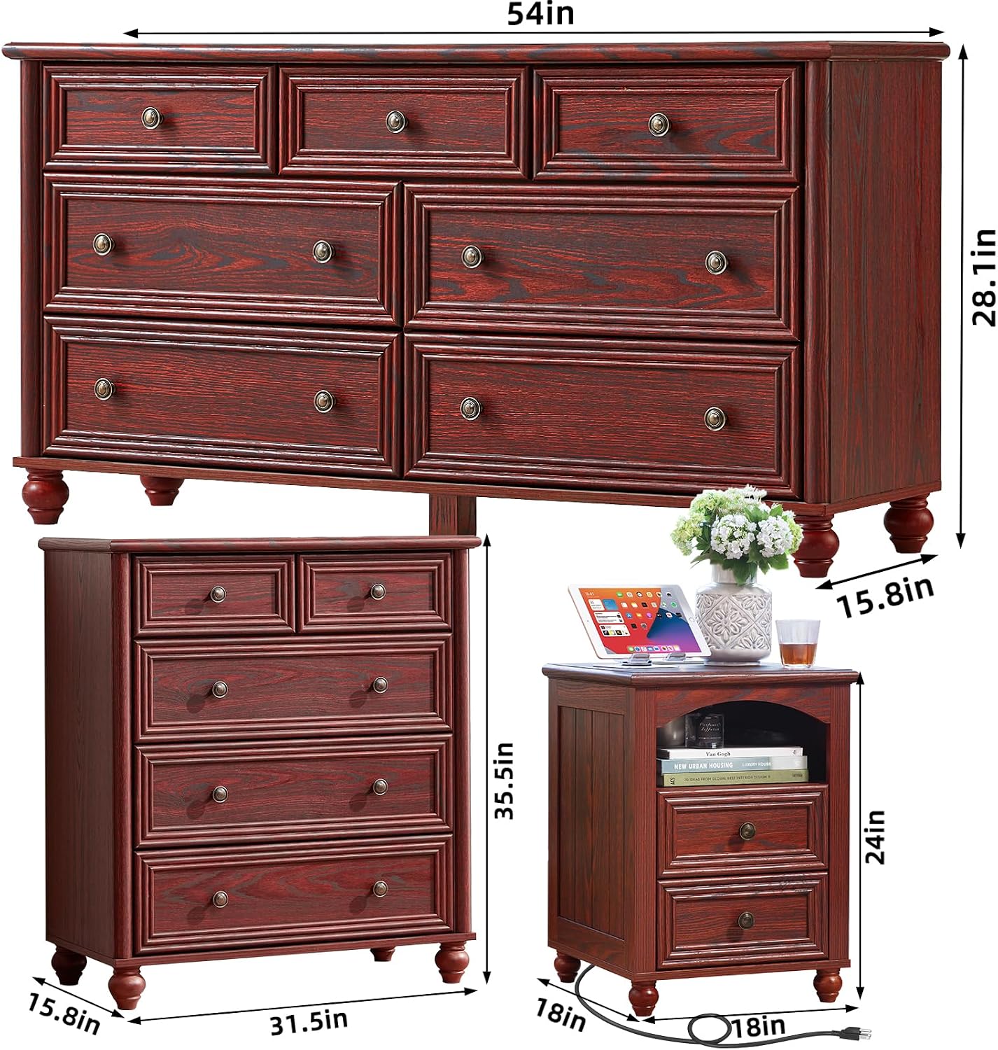Farmhouse Dressers & Night Stand Set of 3, Wood 54' Wide 7 Drawer Dresser & 35.5'Tall Chest of Drawers, 18' with Charging Station Nightstand, Bedroom Furniture Dresser Set for Home Living Room Hallway