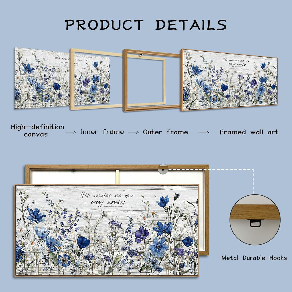 Tucai Decor Blue Floral Canvas Wall Art with Inspirational Quote, Farmhouse Style Living Room Bedroom Kitchen Wall Decor Large Format Framed Print Artwork Home Decoration