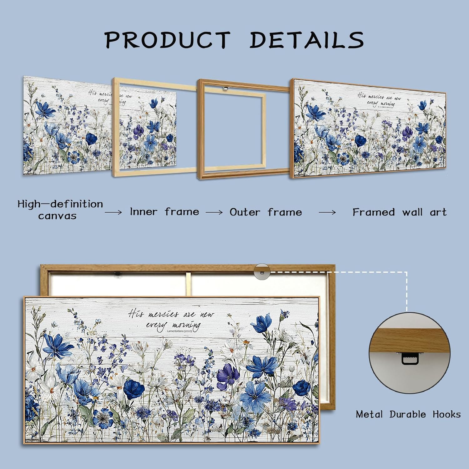 Tucai Decor Blue Floral Canvas Wall Art with Inspirational Quote, Farmhouse Style Living Room Bedroom Kitchen Wall Decor Large Format Framed Print Artwork Home Decoration