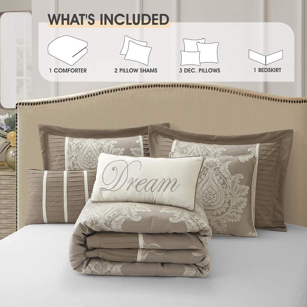 LANCO MODERN LIFESTYLE Beige California King Comforter Set 7 Pieces, Jacquard Woven with Damask, Bedding Set in a Bag Includes Comforter, Bed Skirt, Pillow Shams, and Decorative Pillows