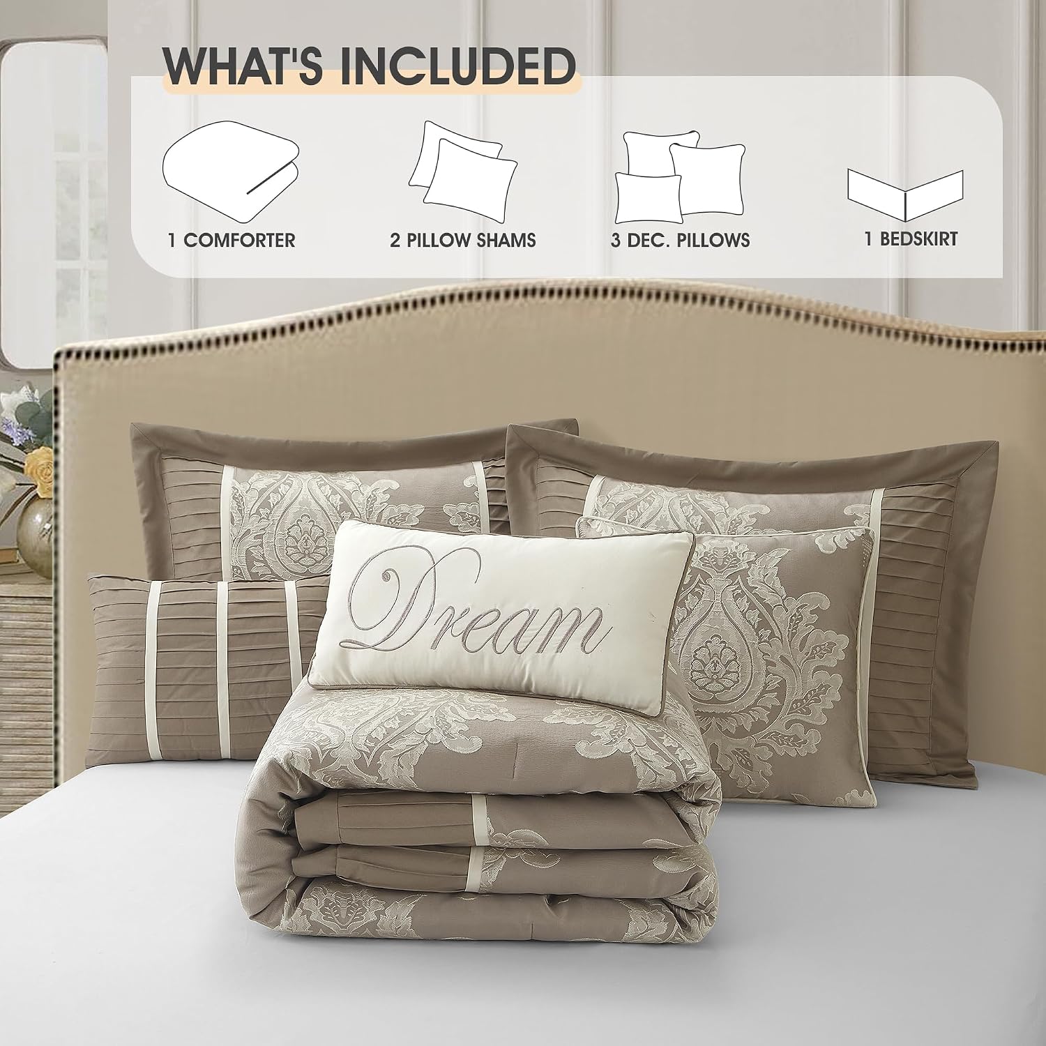 LANCO MODERN LIFESTYLE Beige California King Comforter Set 7 Pieces, Jacquard Woven with Damask, Bedding Set in a Bag Includes Comforter, Bed Skirt, Pillow Shams, and Decorative Pillows