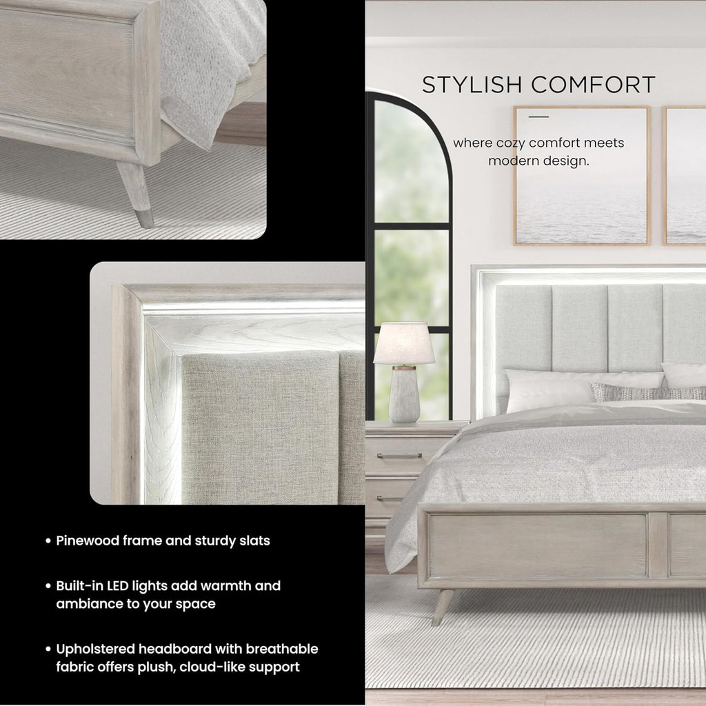 Roundhill Furniture Seluna 5-Piece Bedroom Set with Touch LED Lighting, Gray Oak Finish, Queen