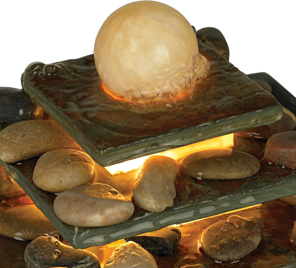 Pyramid 9' High Small Zen Modern Indoor Decor Slate Stone Tabletop Fountain with Light LED Waterfall Feng Shui Ball Water Feature for Desk Relaxation Bedroom Living Room Countertop - John Timberland