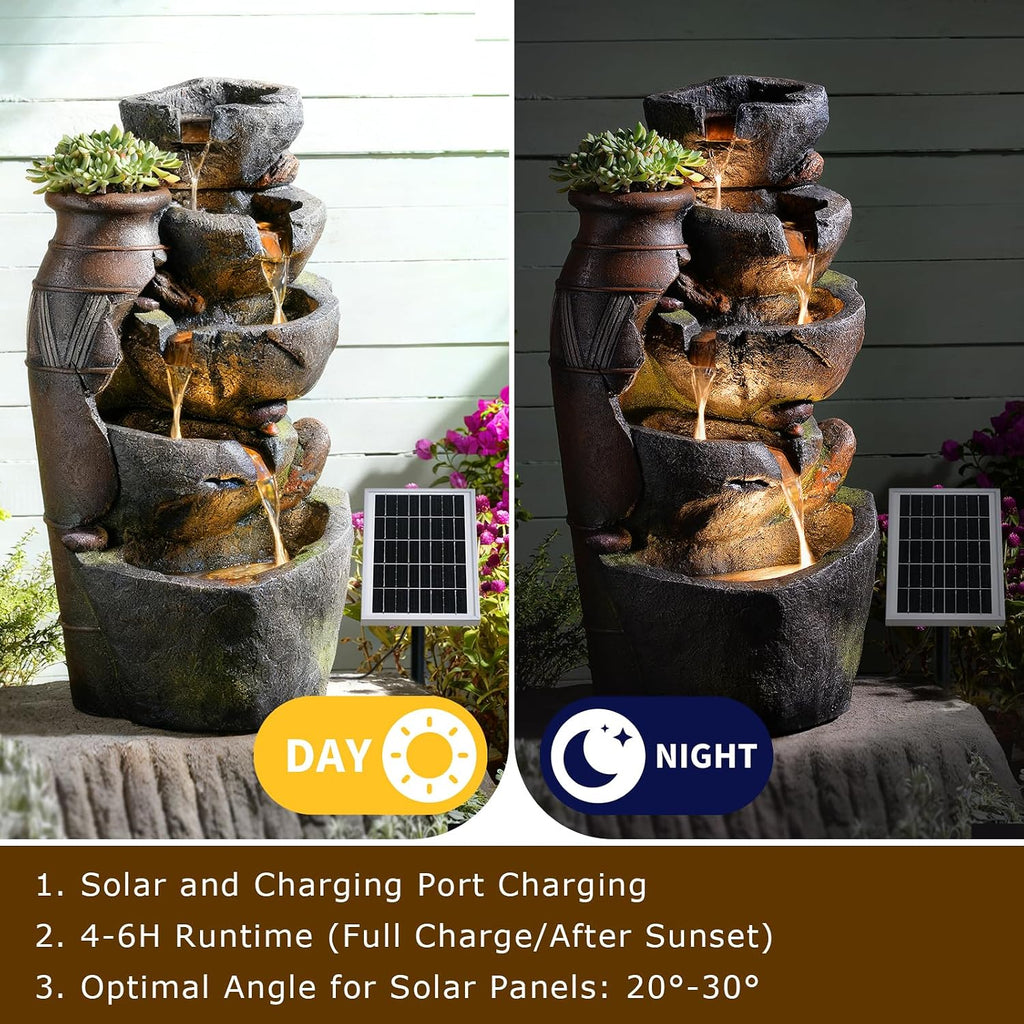 5 Tier Rock Solar Water Fountain Outdoor with Vintage Jar, Cascading Waterfall Fountain with LED Lights, Outdoor Fountains for Garden or Patio, Yard, Deck Decor, 16.5' L x 12.6' W x 31.7' H