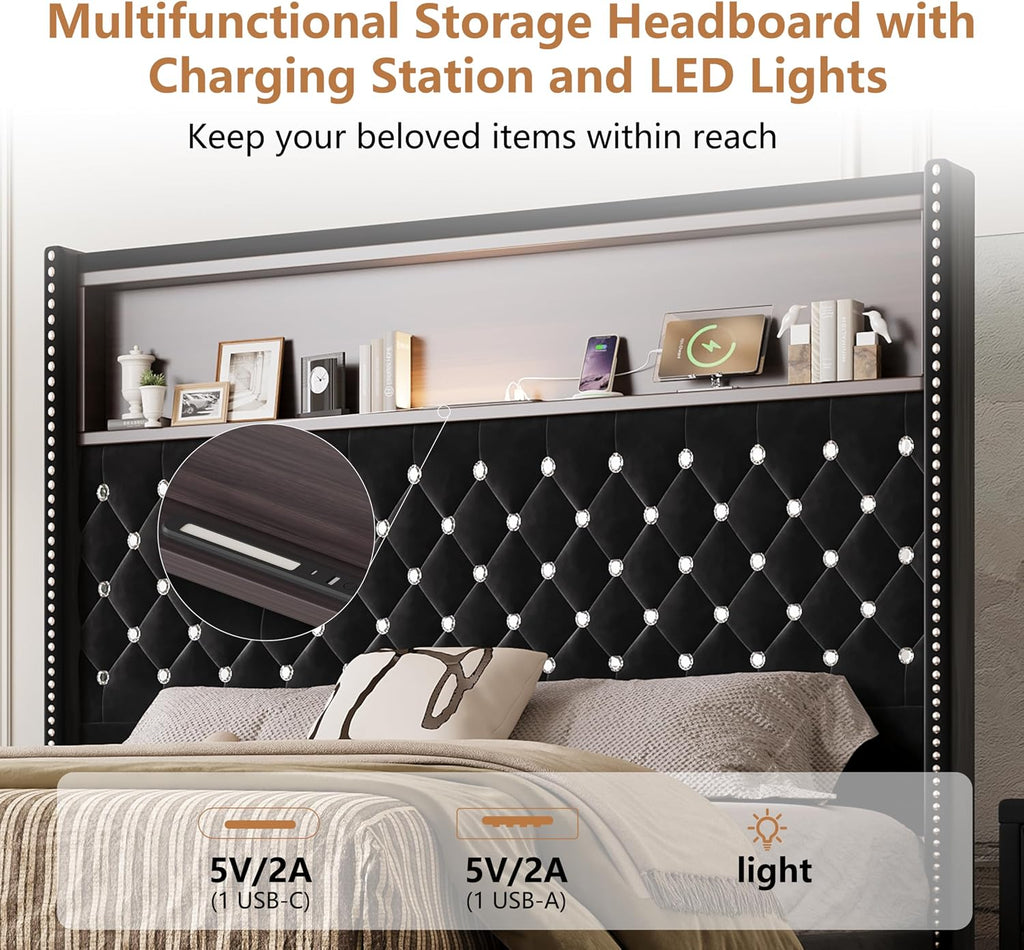 JIVOIT Full Size Bed Frame with Storage, Velvet Tufted Soft Bed Frame with 52'' High Headboard with Rivet Decoration, Wing-Back Platform Bed with Headboard Shelf, No Box Spring Needed (Black,Full,42)