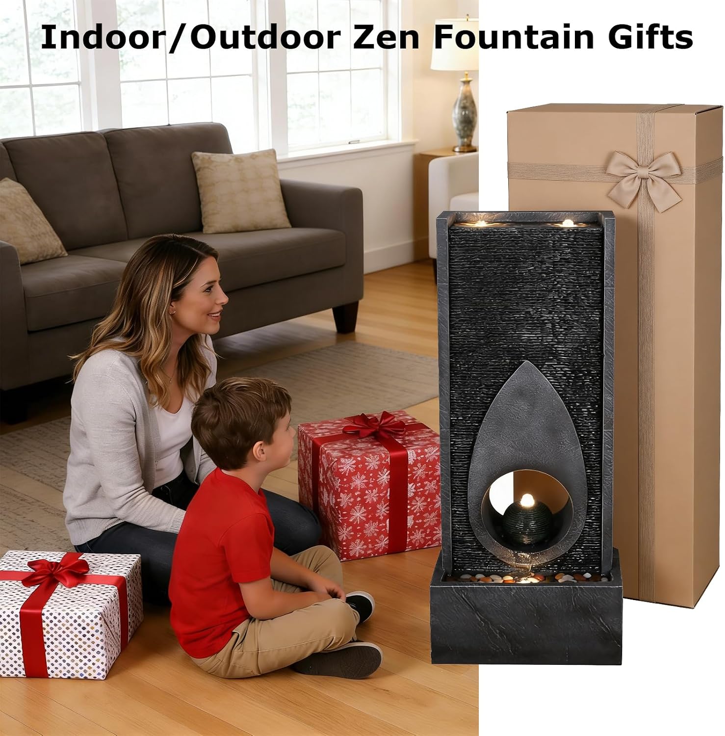 46.5''Tall Modern Water Fountain Indoor Outdoor Waterfall Feature Floor Standing with Sphere and LED Lights for Garden, Yard, Patio, Deck, Porch, Livingroom Decor