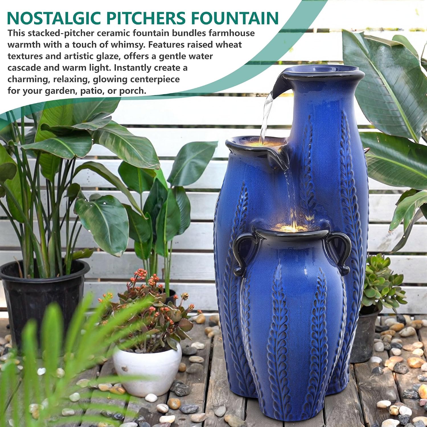 29.5' H Ceramic Outdoor Water Fountain with LED Lights, 3-Tier Vase Cascading Water Feature, Cobalt Blue with Embossed Leaf Patterns, Tranquil Waterfall for Garden, Patio, Yard, or Porch